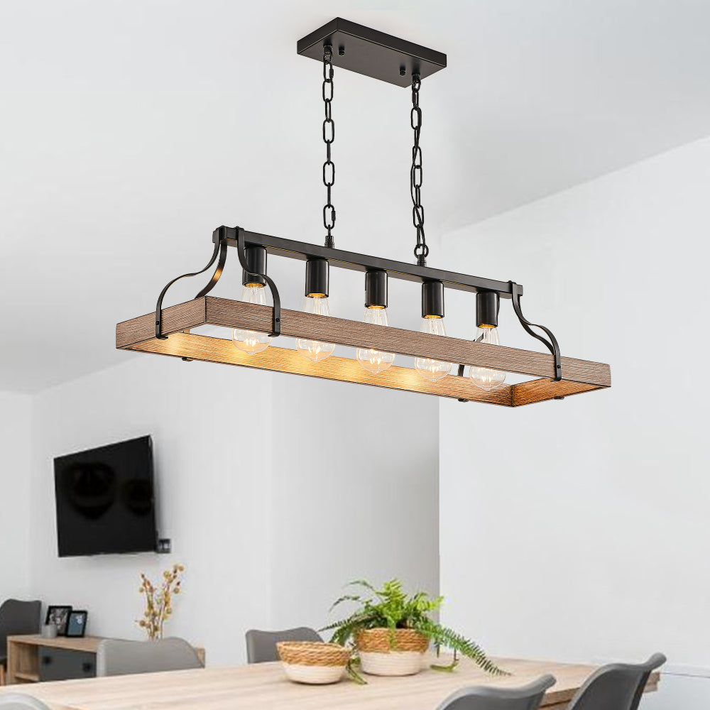 34-Inch Black Industrial Pendant Light with 5 E26 Bulb Sockets, Adjustable Chain Height – Modern Farmhouse Linear Chandelier for Dining Room, Kitchen Island, or Living Room (Bulb Not Included)
