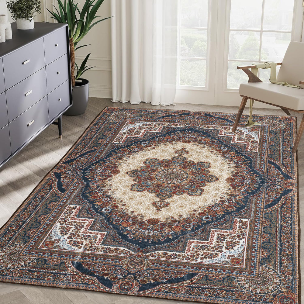 Area Rug 6x9 Vintage Bohemia Large Persian Non-slip Washable Rug For Living Room Kitchen Bedroom Living Room Flower Design Reddish Brown