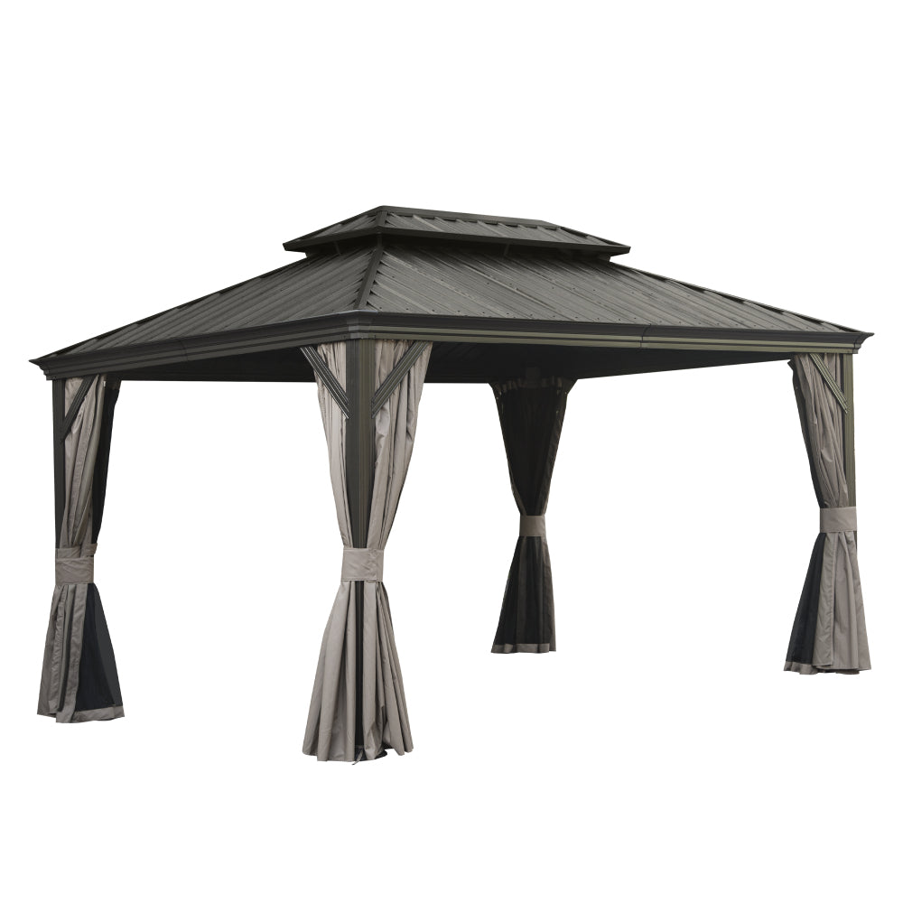 10' X 14' Hardtop Gazebo, Upgraded Metal Gazebo with Drainage System, Dual-Layer Galvanized Steel Roof, Curtain and Netting, Outdoor Shelter Canopy for Patio, Garden, and Backyard, Brown