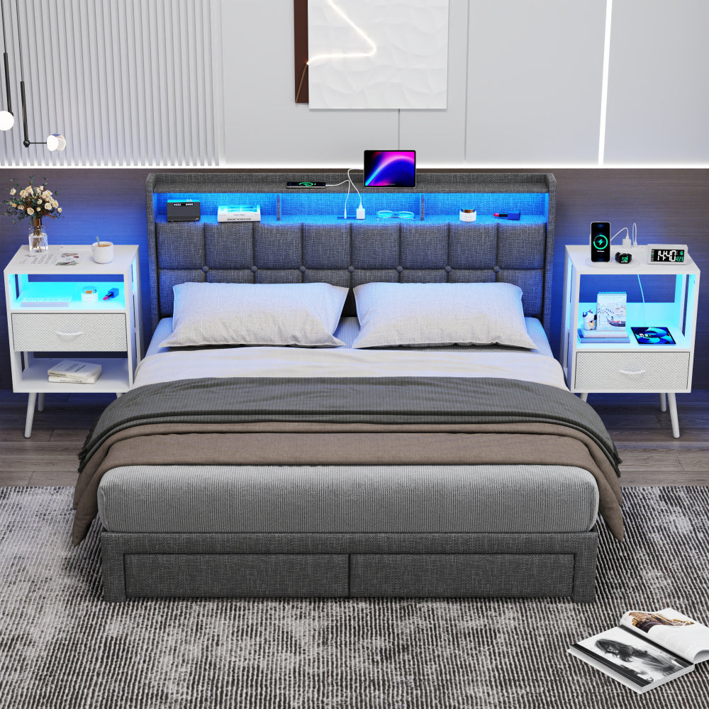 2 Pack Modern Nightstand with Charging Station, Bedside Tables with LED Light and Fabric Drawers