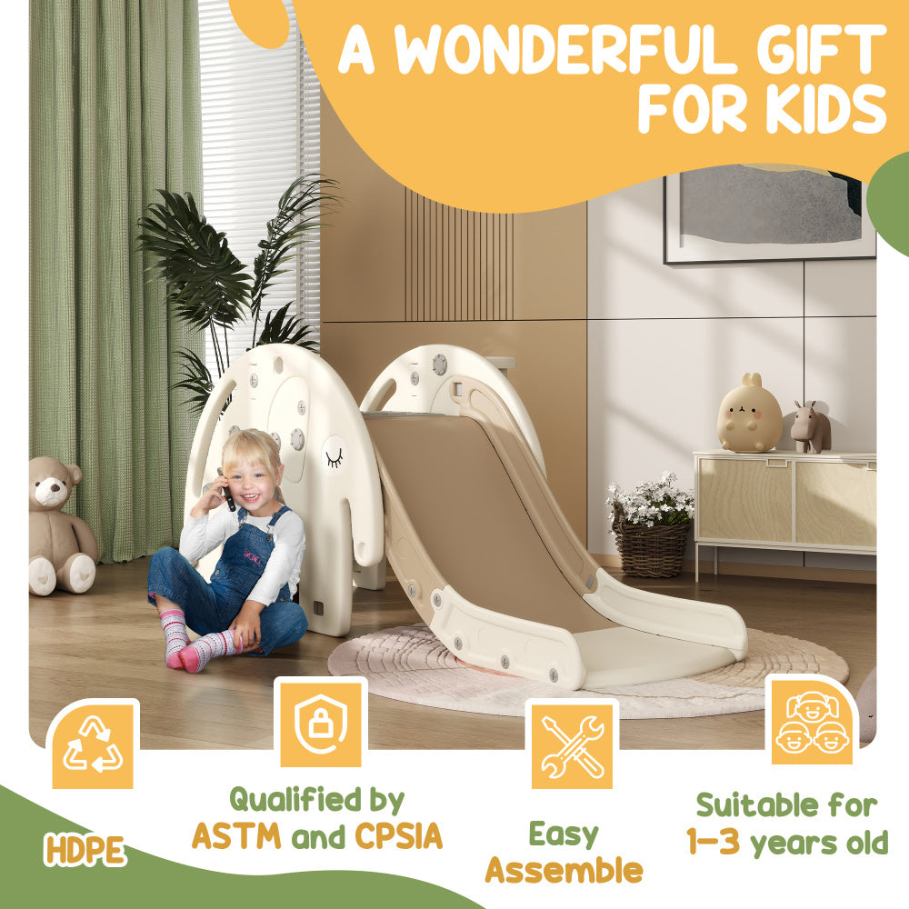 Qaba 3 in 1 Toddler Slide for Years 1-3, Kids Slide with Climber, Basketball Hoop, Elephant-Shaped Indoor Slide, Cream White
