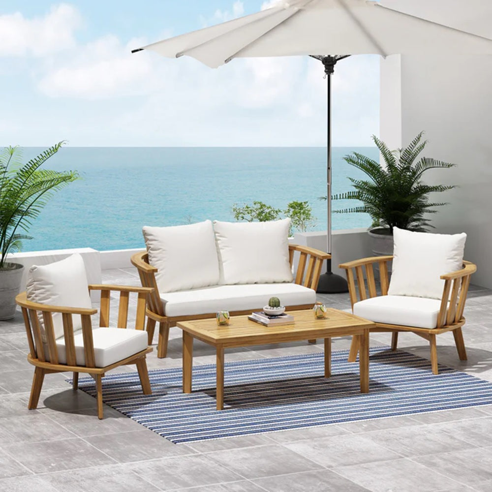 Set of 2, Outdoor Acacia Wood Patio Club Chair, Wooden Patio Furniture,Waterproof Thick Cushion Deep Seating for Porch, Garden, Backyard, Balcony, Weight Capacity 400lbs, Teak Finish, White