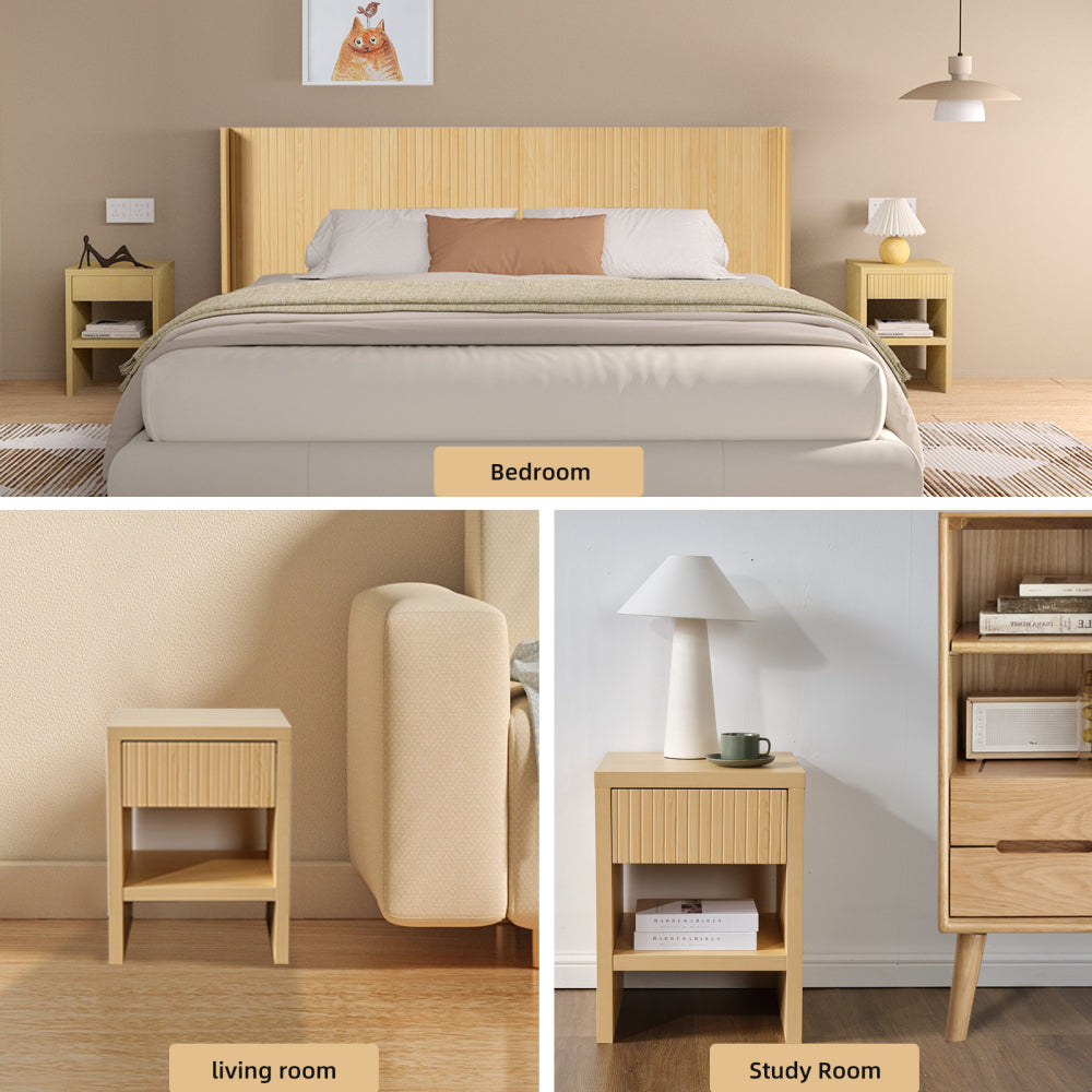 Night Stand with Drawer Storage Fluted Bed Side Table End Table Large Modern Wide Bedside Stand Mid Century Night Stands for Bedroom Living Room Sofa Office, Natural Wood