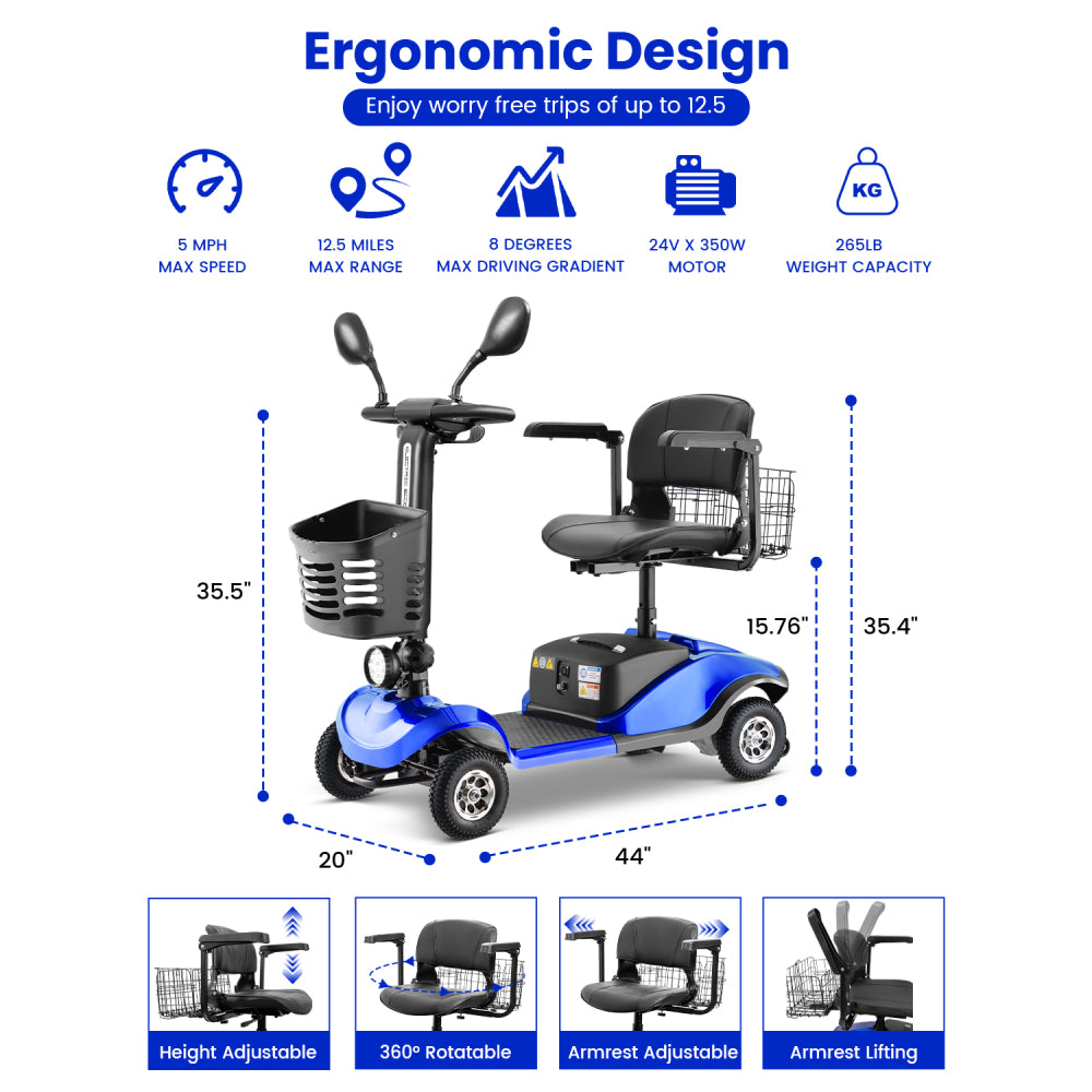 Folding Mobility Scooter for Adult - HEINSY Powered Mobility Scooter All Terrain Motorized Scooter Collapsible with 350W Motor, 12V20AH Dual Lead-Acid Batteries, Ideal for Elderly, Seniors, and Adults