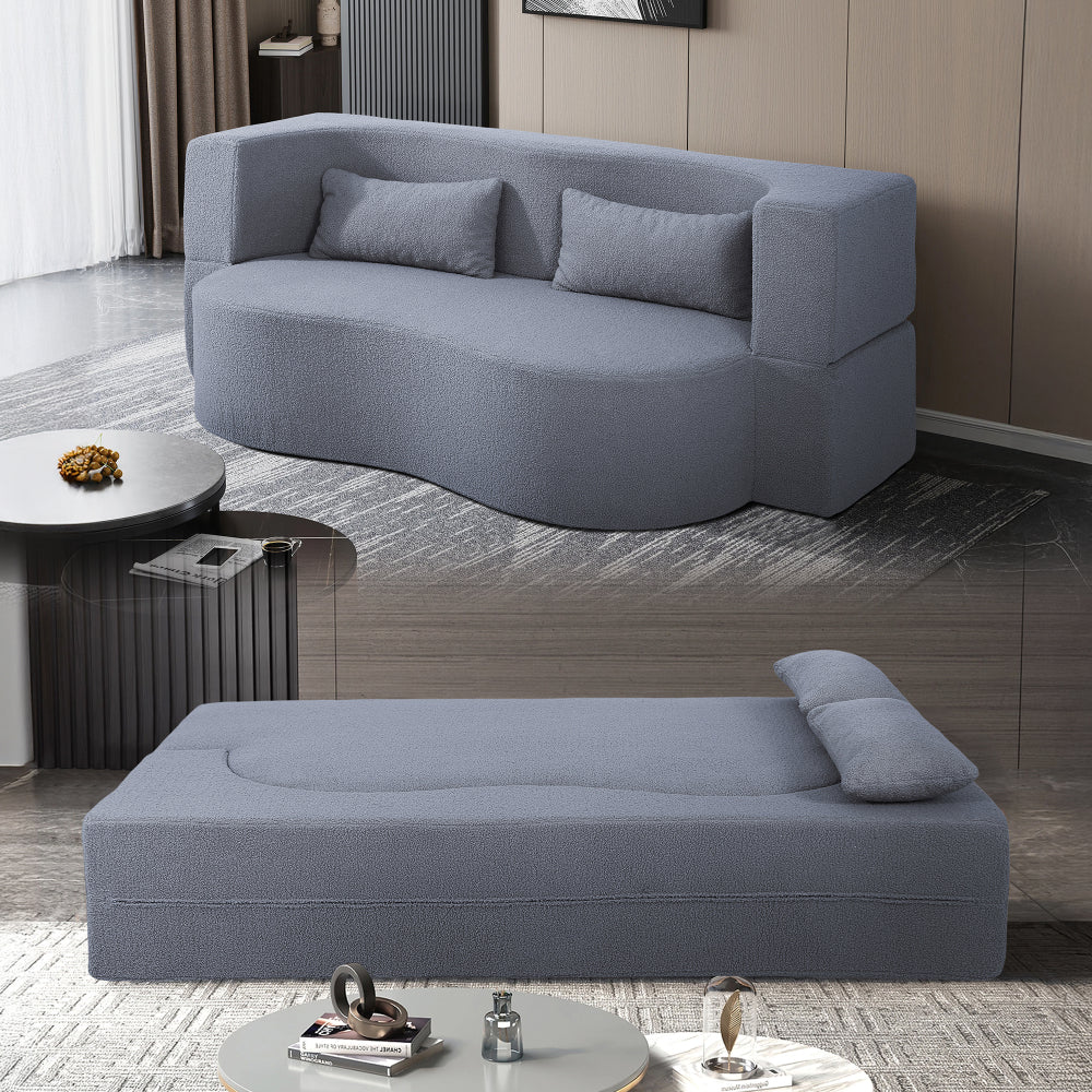 2-in-1 Convertible Sofa Bed, Full Size Folding Loveseat Couch with Soft Teddy Fabric, No Assembly Needed, Floor Sofa Mattress with 2 Pillows, Space-Saving Futon for Small Living Room, Dorm, RV,Grey