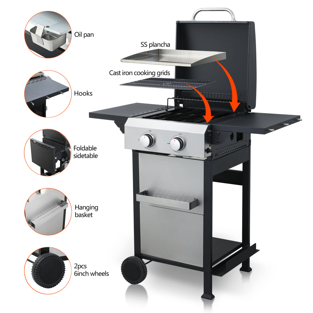 2-Burner Propane Gas BBQ Grill, SS Plancha, 24600BTU Output With Wire Enamel Cooking Grids For Outdoor Barbecue, Foldable Side Table, Hanging Basket, Stainless Steel
