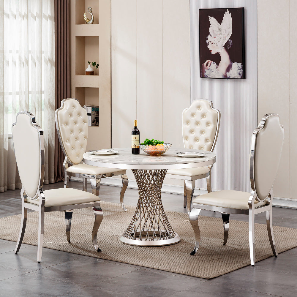 47" Round Marble Dining Table, Modern Kitchen Table with High Gloss Faux Marble Tabletop and Stainless Steel Base for Dining Room, Kitchen (Sliver,White)(Only a table)