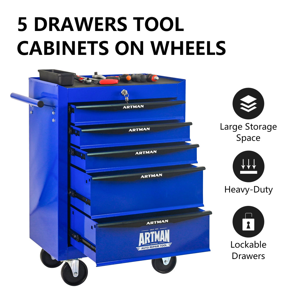 Rolling Metal Tool Chest with 5 Drawers, 20" 5-Drawer Tool Chest Cabinet with Ball Bearing Drawer Slides, Steel Tool Storage Box Organizer -BLACK&BLUE