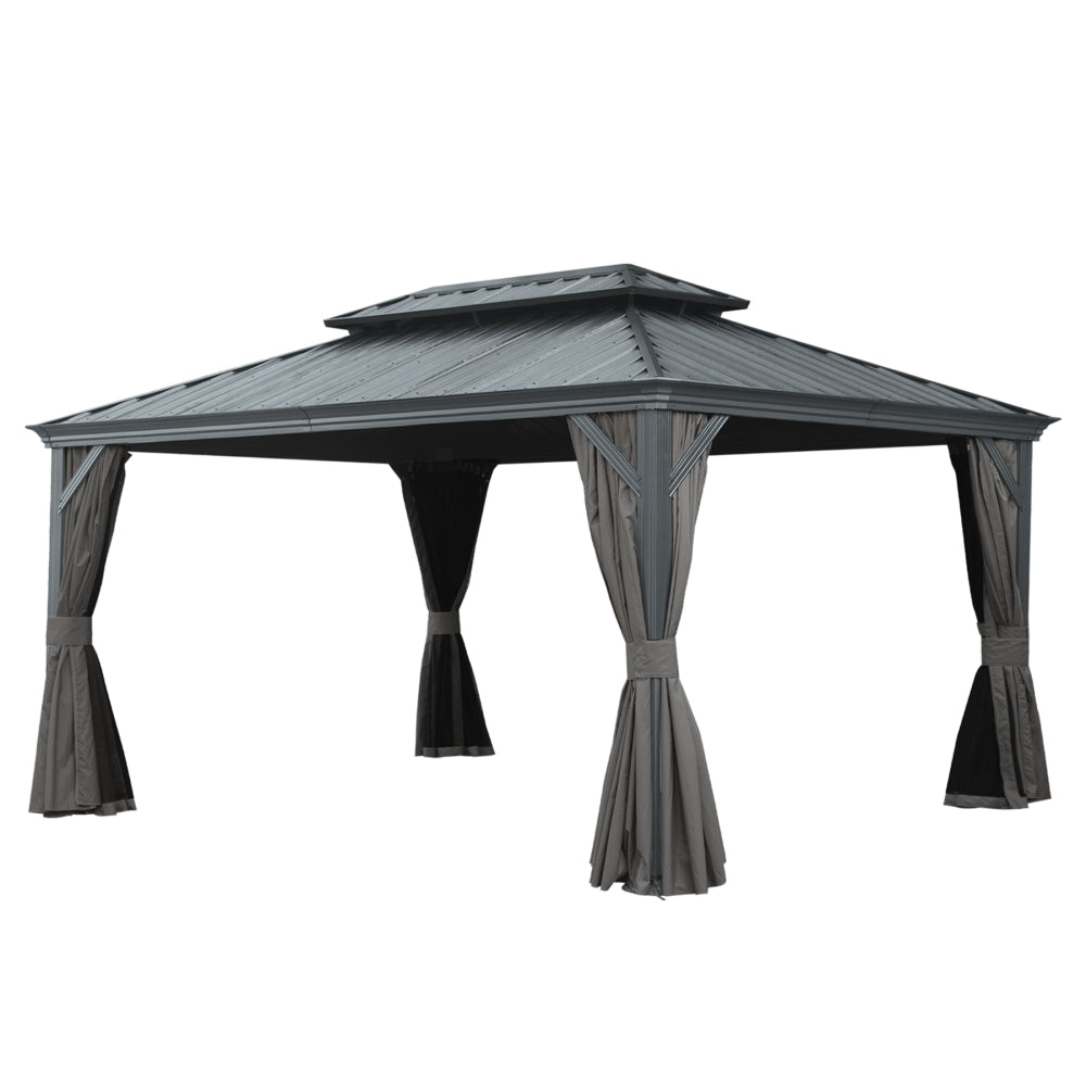 12' X 16' Hardtop Gazebo, Upgraded Metal Gazebo with Drainage System, Dual-Layer Galvanized Steel Roof, Curtain and Netting, Outdoor Shelter Canopy for Patio, Garden, and Backyard, Gray