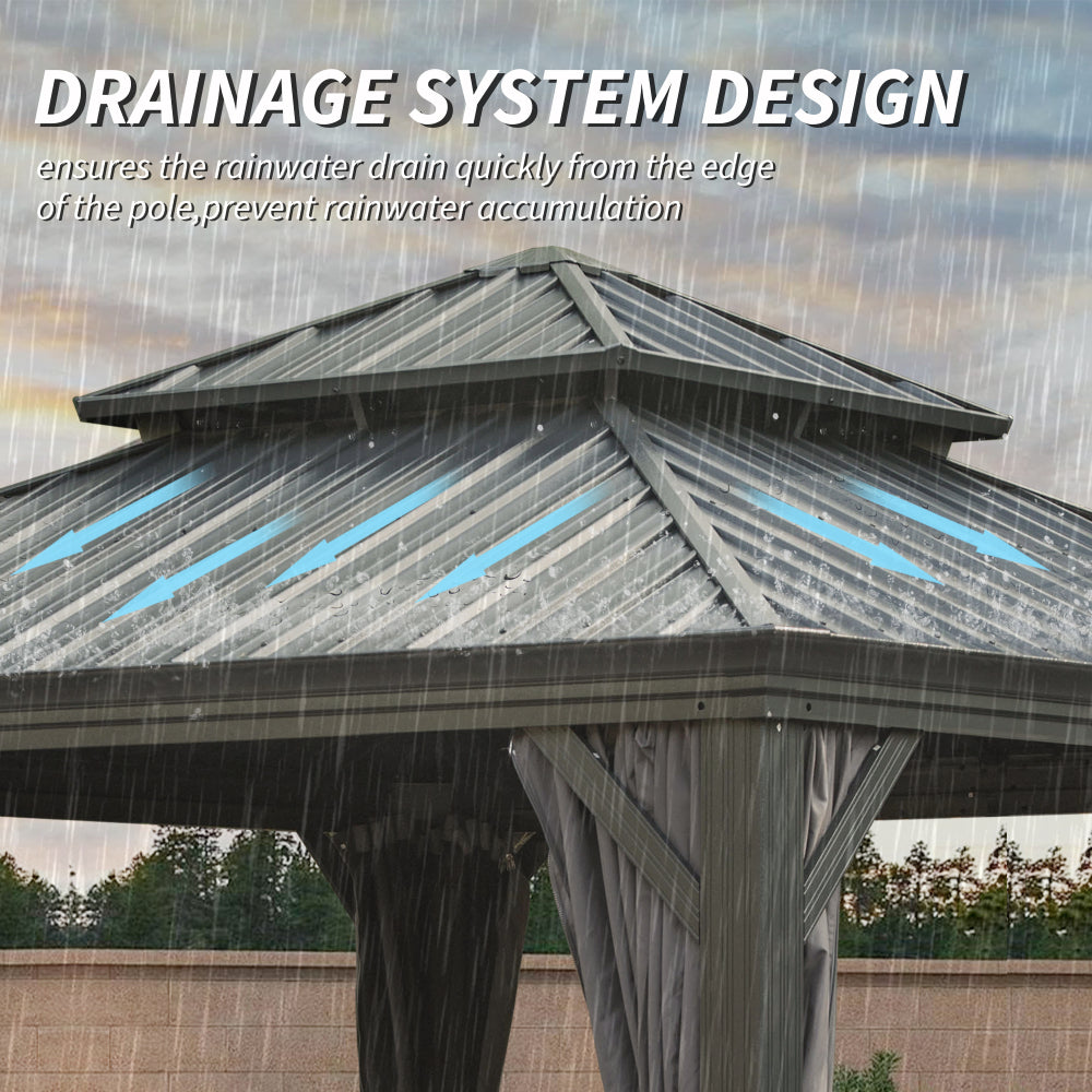 12' X 12' Hardtop Gazebo, Upgraded Metal Gazebo with Drainage System, Dual-Layer Galvanized Steel Roof, Curtain and Netting, Outdoor Shelter Canopy for Patio, Garden, and Backyard, Grey