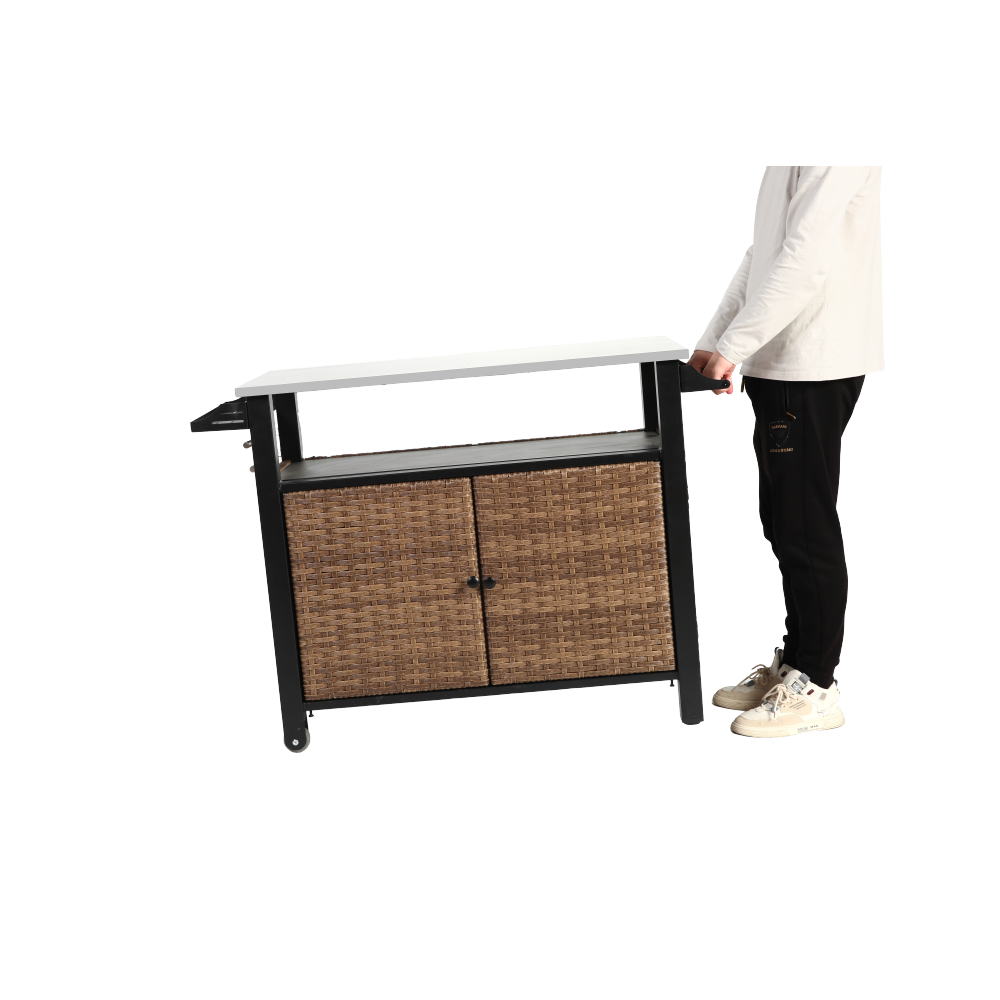Outdoor Kitchen Wicker Island Rolling Cart & Storage Cabinet, Wheels and Stainless Steel Extended Table Top, Side Handle for Patio Kitchen or Bar Cart, Brown