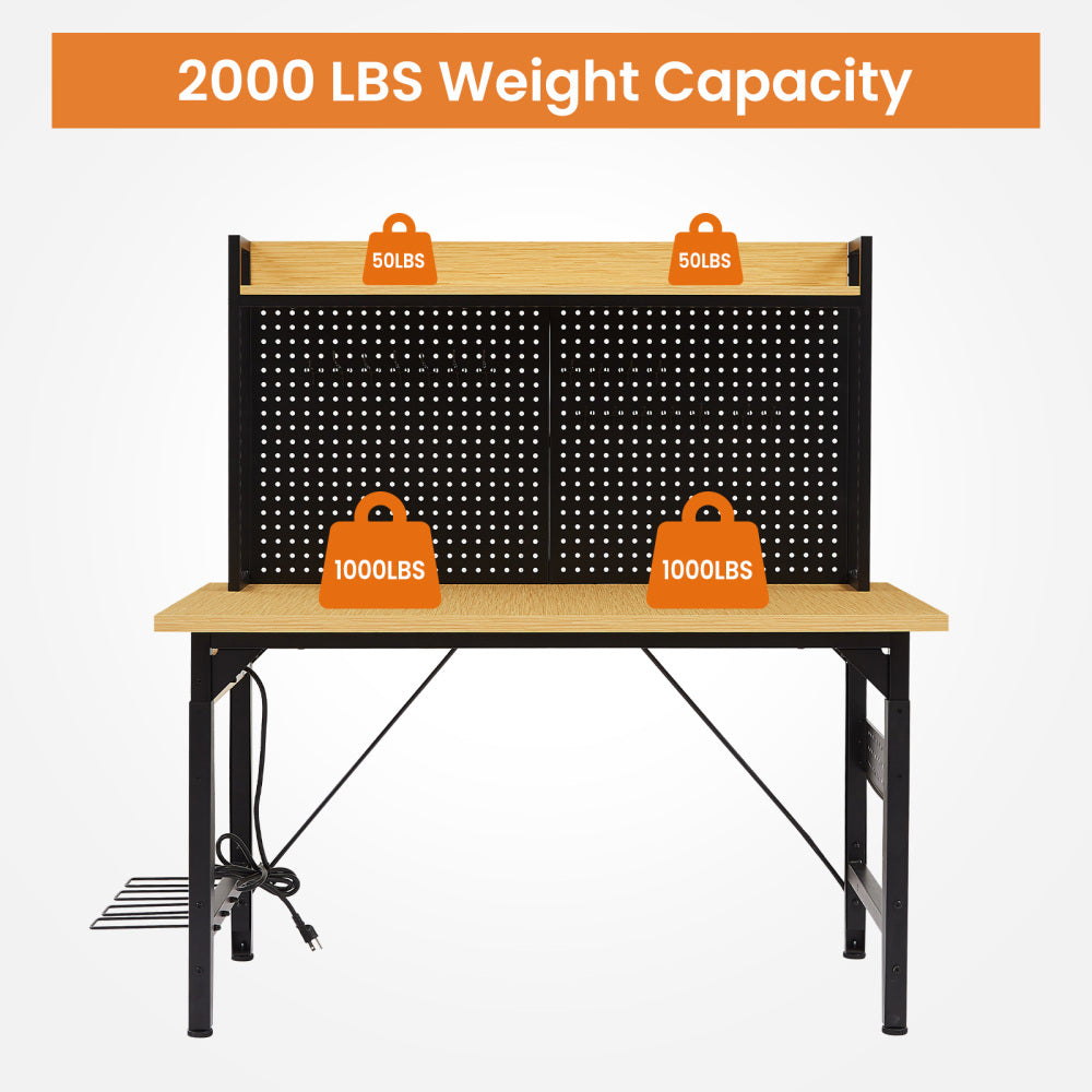 48''Adjustable Workbench with pegboard, Heavy Duty Wooden Desktop Workbench with Wheels, 1600 lb. Load Capacity, Rolling Workbench with AC/USB Outlet, Hooks, Shelf, for Garage, Workshop, Office, Home.
