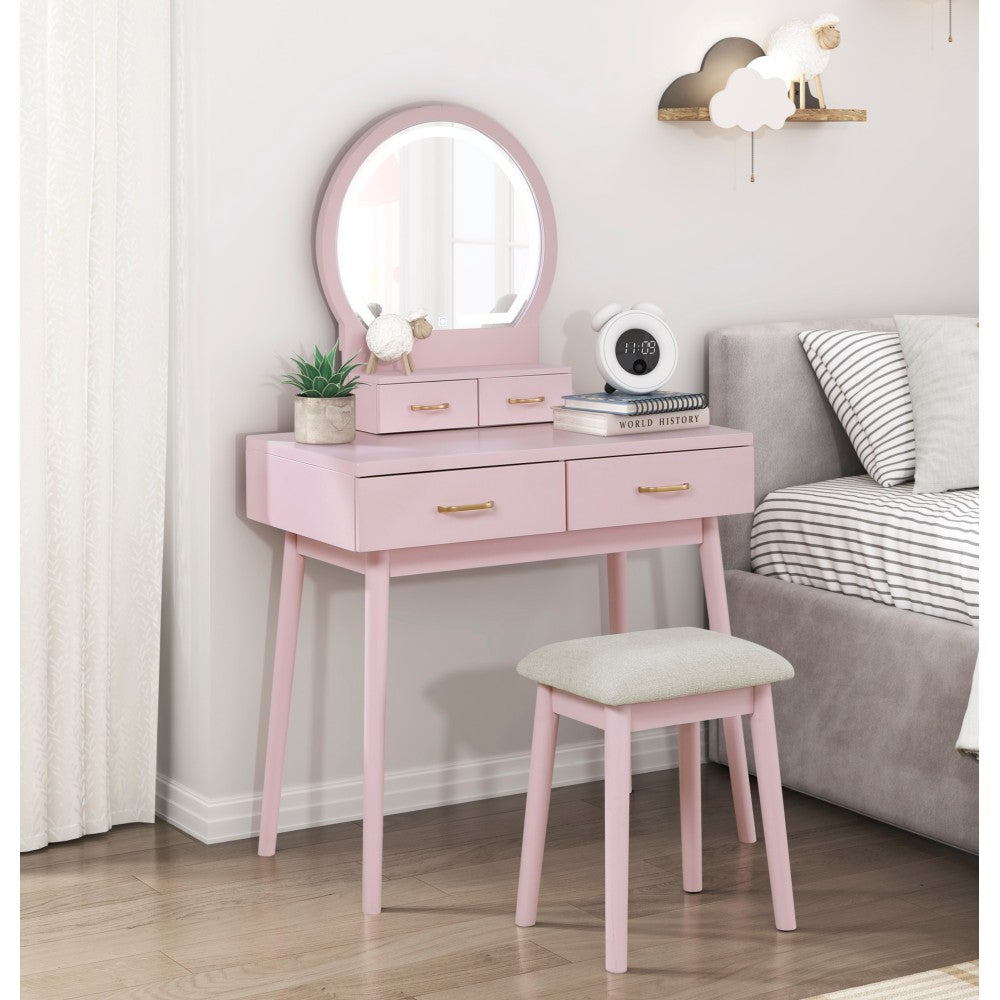 Beautiful Pink Finish Vanity Dresser with Mirror and Stool Set Storage Drawers Bedroom Furniture 1pc