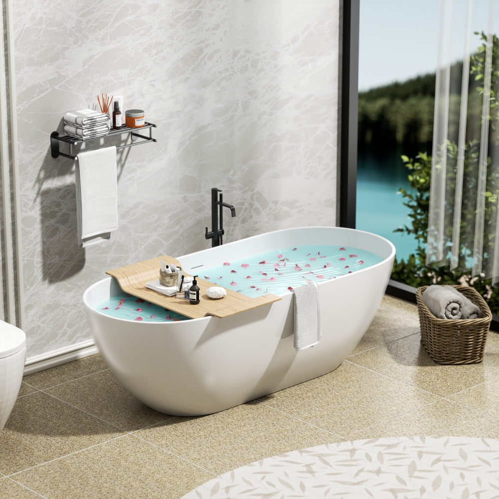 59" Luxury Handcrafted Stone Resin Freestanding Soaking Bathtub with Overflow in Matte White, cUPC Certified - 24S03-59MW