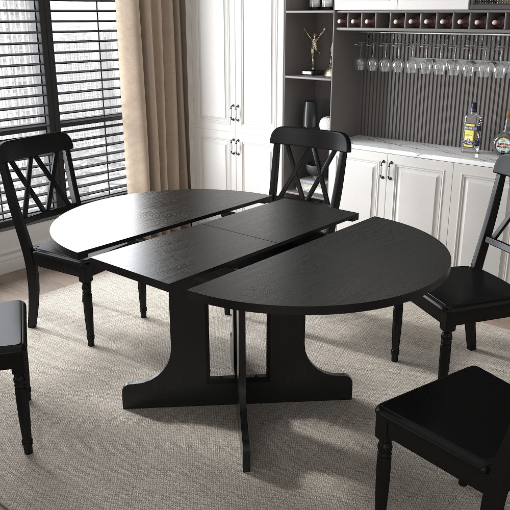 Dining Table for Farmhouse Kitchen 59x43 Inch Expandable Oval Table Top with Removable Leaf Trestle X Shaped Base Black