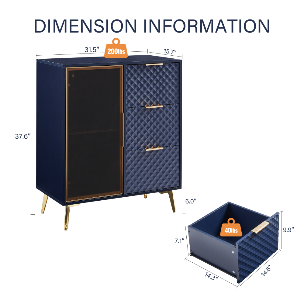 Deluxe Carved Modern Fashion Style Chest of Drawers with Aluminum Alloy Frame Tempered Glass Doors Three Drawer Chest with Metal Legs Adjustable Feet, Dark Blue,31.5"L x 15.7"W x 37.6"H