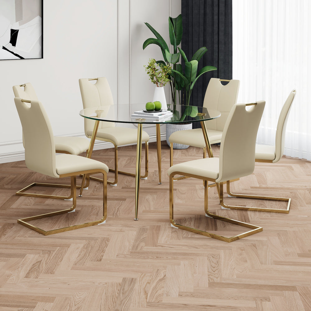 Modern simple round glass dining table, wear-resistant tempered glass countertop, gold-plated legs, grey PU dining chair set, suitable for restaurant kitchen use (set of 5)