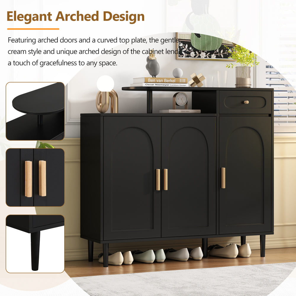 ON-TREND Elegant Shoe Cabinet with Arched Doors and Drawer, Cream Style Storage Sideboard with Adjustable Shelves and Solid Wood Legs for Entryway, Living Room, Black