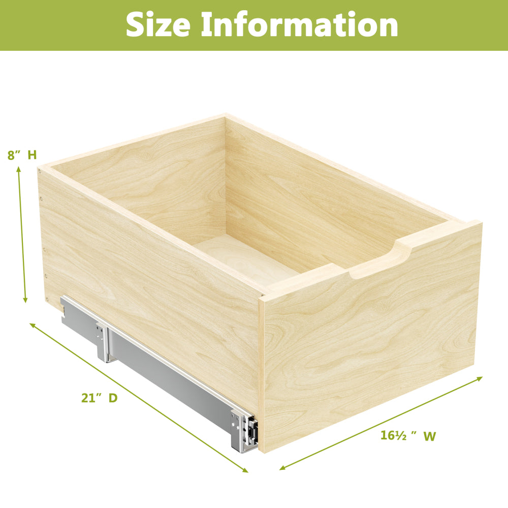 Hard Close Pull Out Cabinet Organizer 8" High Drawer 16½" W x 21" D Wood Slide Out Shelves Cabinet Storage Organizer with Full Extension Rail Slides Pull Out Drawer for Kitchens Cabinet Pantry