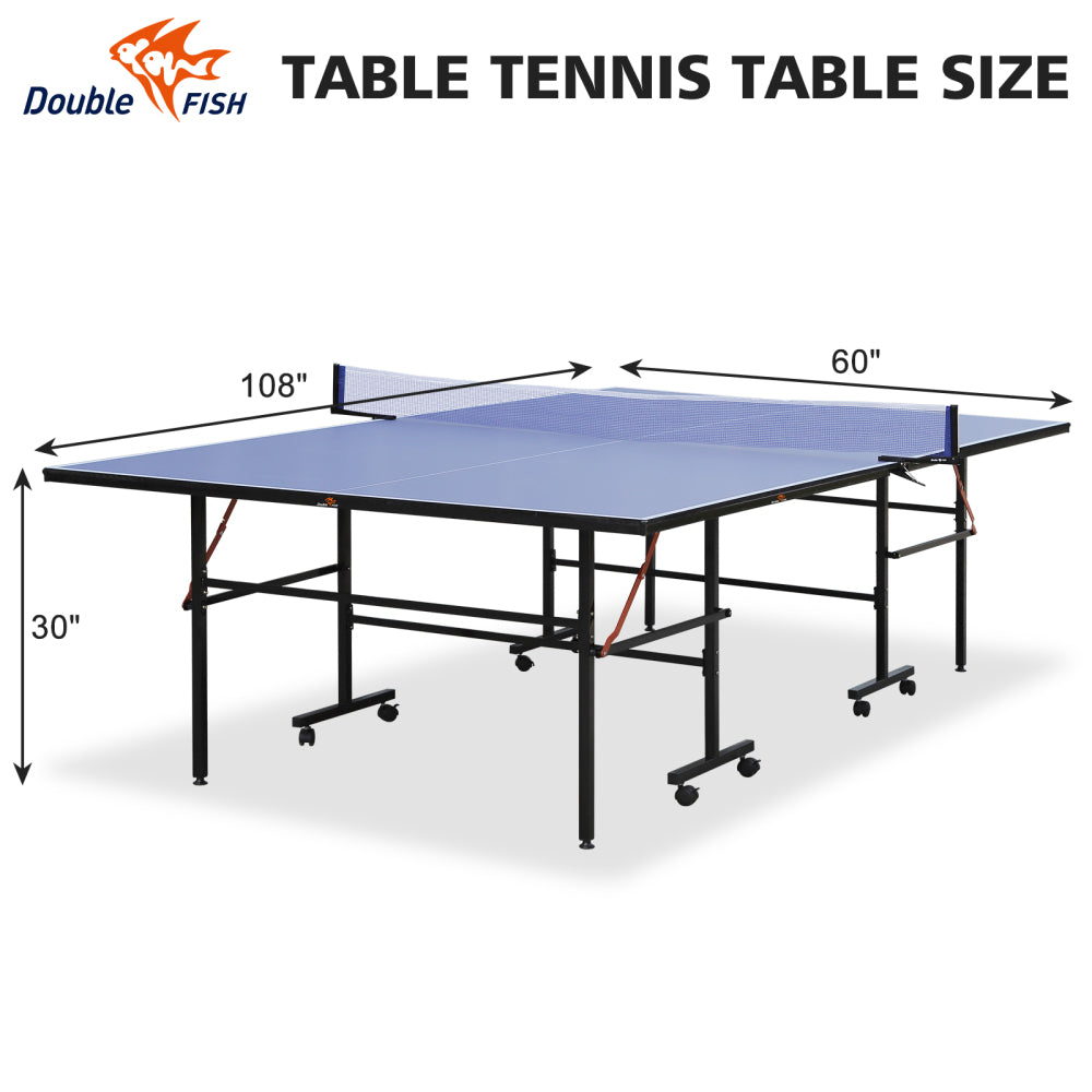 DOUBLE FISH [Folding Table] 9ft Folding Rolling Table Tennis Table2 Paddles, 3 Balls, 1 Net And Post SetBLUE Fold-Up Design, 8 Wheels for Easy Movement
