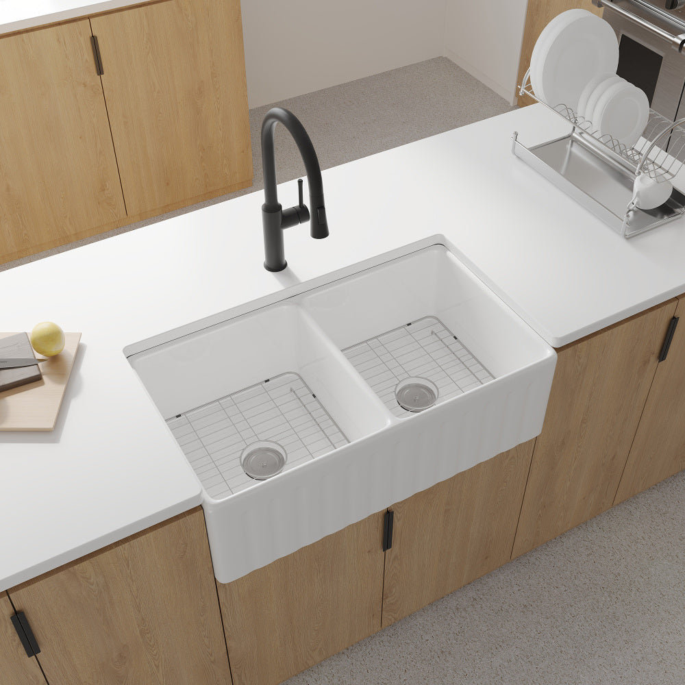 Fireclay 33" L X 18" W Double Basin Farmhouse Kitchen Sink With Grid And Strainer