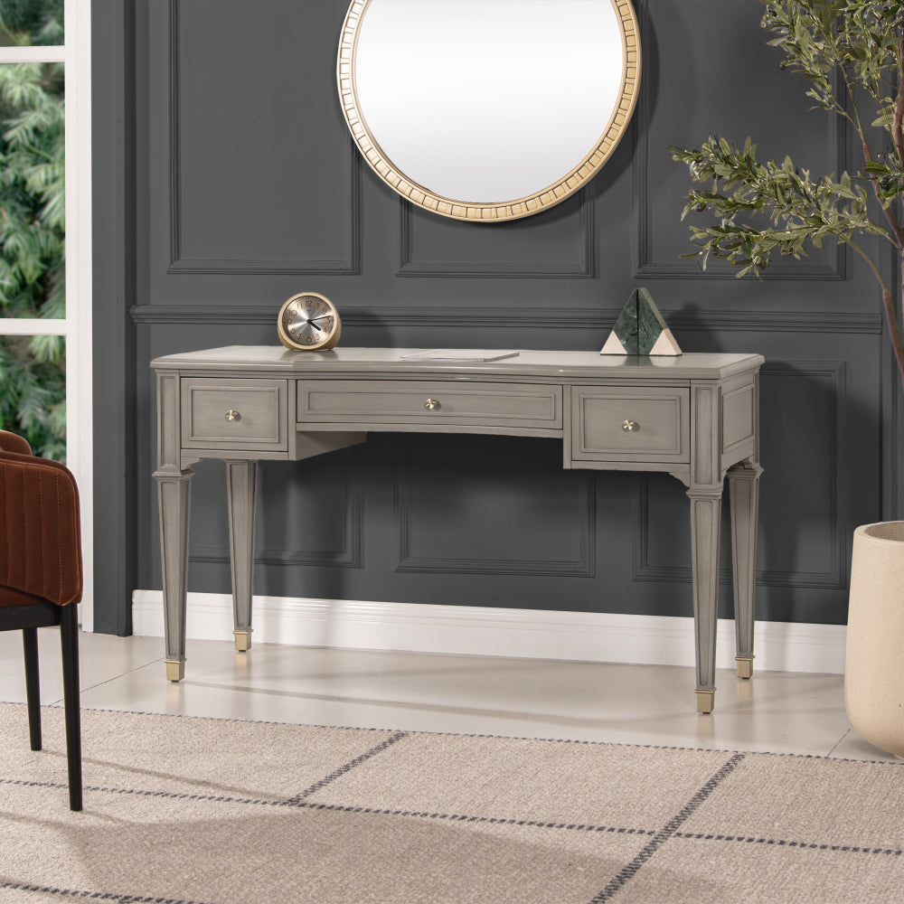 Dauphin Gold Accent 5-Drawer Wood Executive Desk, Natural Brown Wood