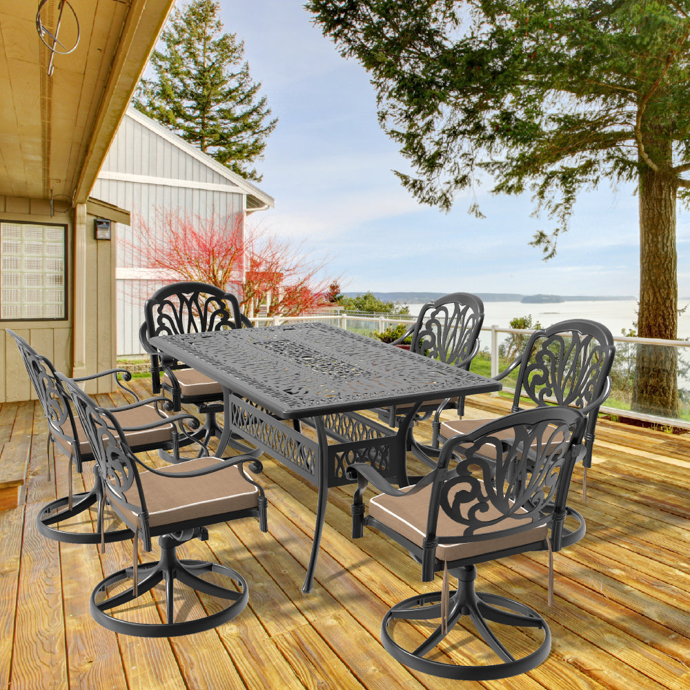 L58.27*W34.65-inch Cast Aluminum Patio Dining Table With Black Frame and Umbrella Hole