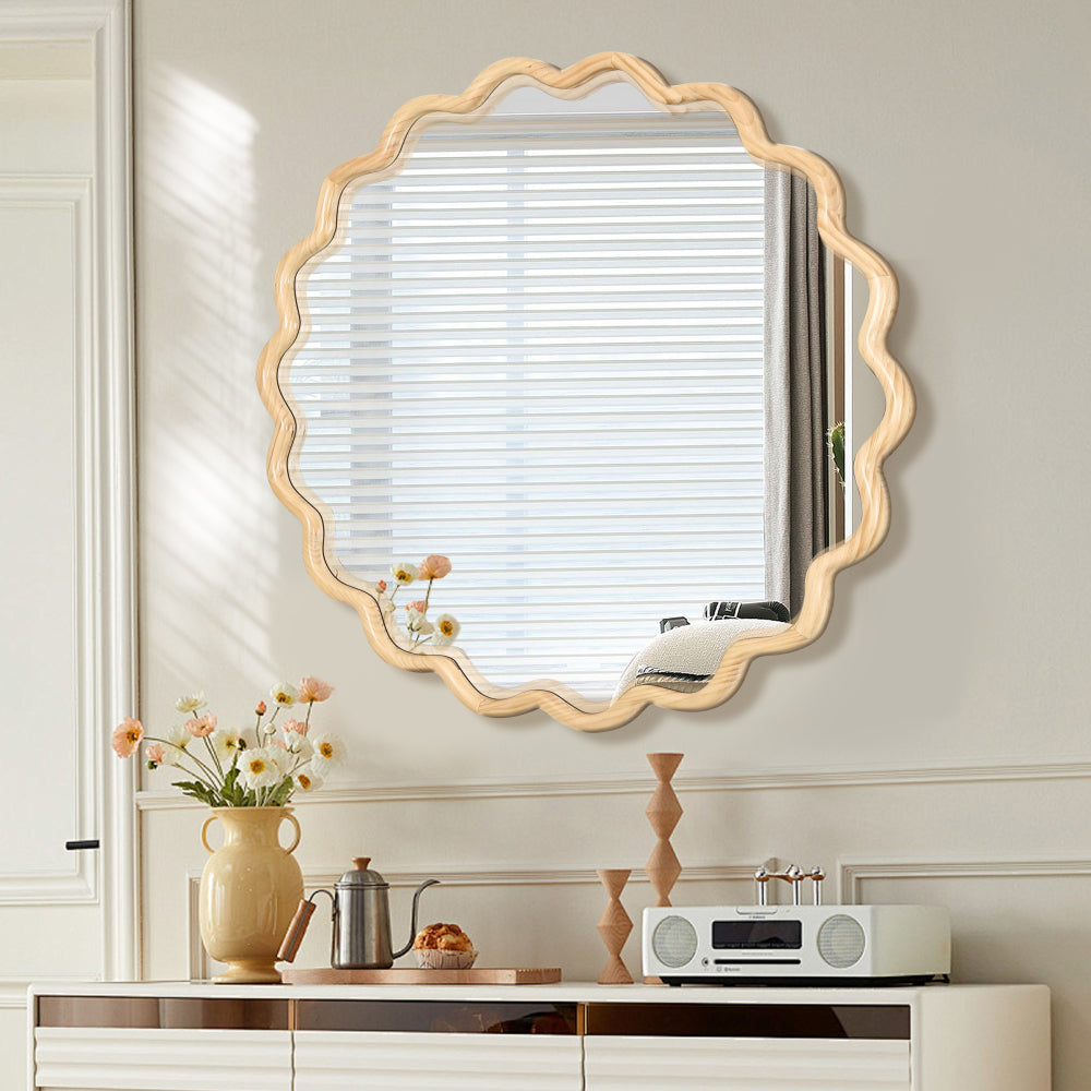 Solid Wood Wavy Mirror-Natural-Wood Vanity Mirror Wall Decor 42" x 42" Modern Mirror Wall Decor for Bathroom, Bedroom, Living Room, Dining Room, Cloakroom, Entryway
