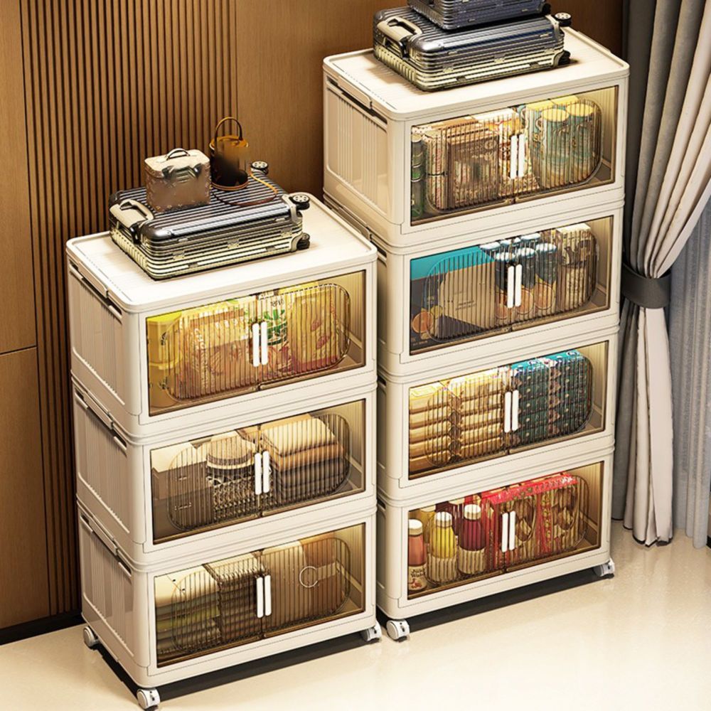 19.69" Side Wide Folding Storage Cabinet ,3 Tiers,19.69"×11.81"×31.1",Collapsible Storage Bins with Magnetic Door, Plastic Storage Cabinet with Wheels, Closet organizers and Storage Containers
