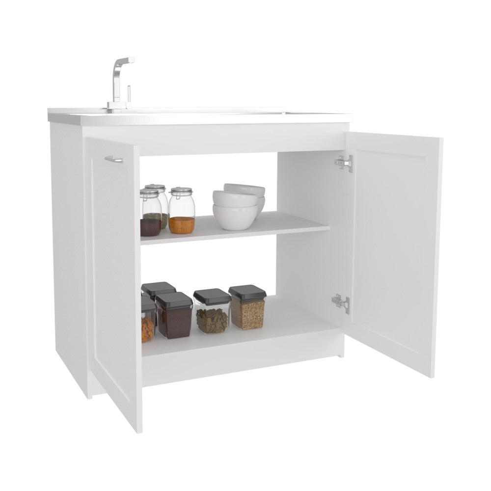 Zurich 39" Wide Utility Sink, Base Cabinet Two-Door Cabinet With Two Shelves, Stainless Steel Sink, Kitchen, Laundry Room, Garage Sink White