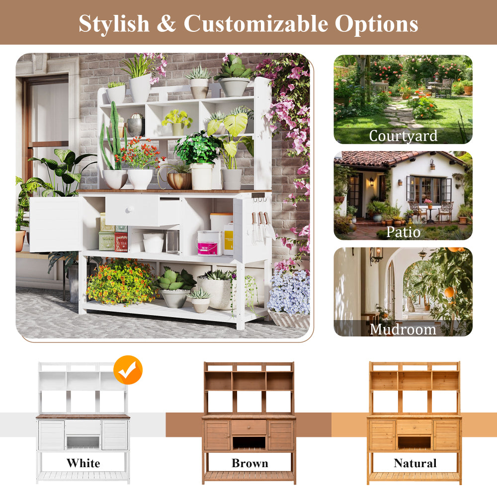 [Assembly Video Available] Topmax Solid Fir Wood Potting Bench Garden Workstation with Hutch, Drawer & Adjustable Shelves, 50.2x19.7x66.1 Inch Outdoor Garden Work Table for Backyard Planting,White