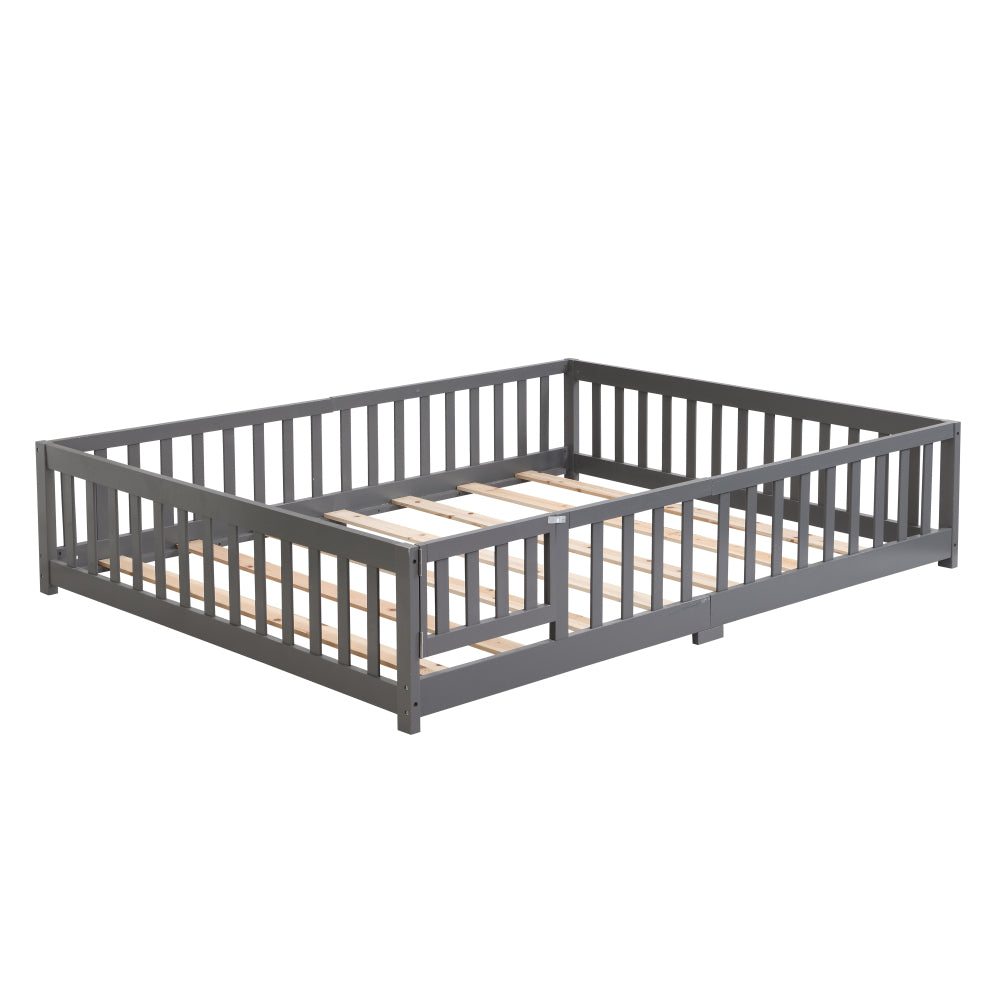 Full Size Floor Bed with Door,Solid Wood Platform Bed Frame with Fence,Suitable for children,Pine Wood,Gray