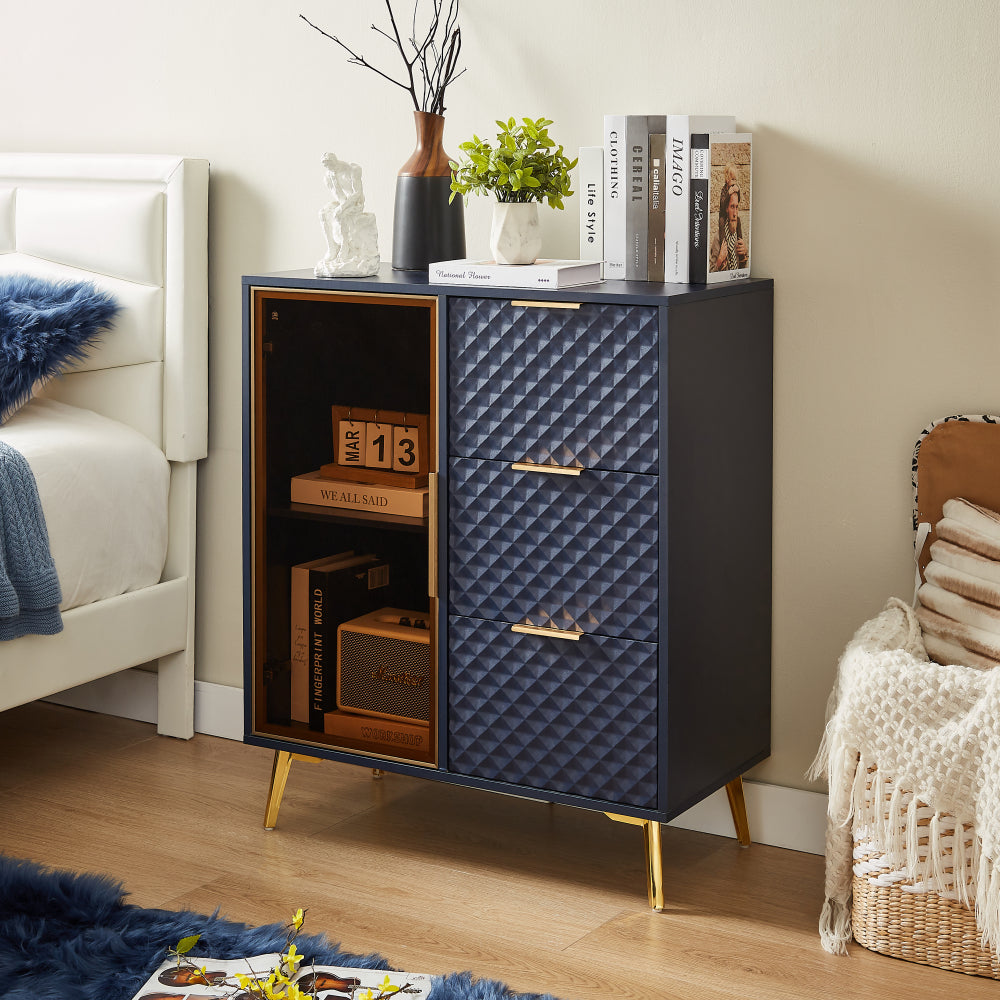 Deluxe Carved Modern Fashion Style Chest of Drawers with Aluminum Alloy Frame Tempered Glass Doors Three Drawer Chest with Metal Legs Adjustable Feet, Dark Blue,31.5"L x 15.7"W x 37.6"H