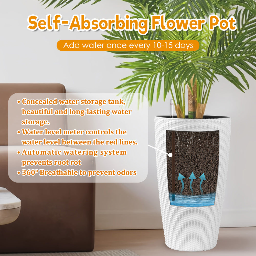 Set of 2 Faux Rattan Tall Planters Outdoor Indoor Large Planters with Water Level Monitor Inner Bucket, Automatic Watering, Flower Plant Pots for Garden, Patio, Porch, Backyard (White, 22 inch )