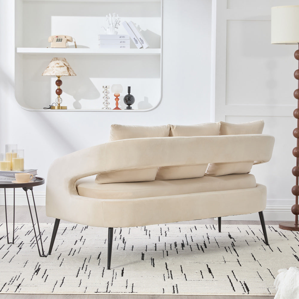 53.7"Modern Upholstered Velvet Open Back Loveseat Settee with 3 Pillows, Small Comfy Sofa 2-Seater Mini Sofa for Small Space with Metal Legs, Living Room Bedroom Office Dorm Studio Apartment, Beige