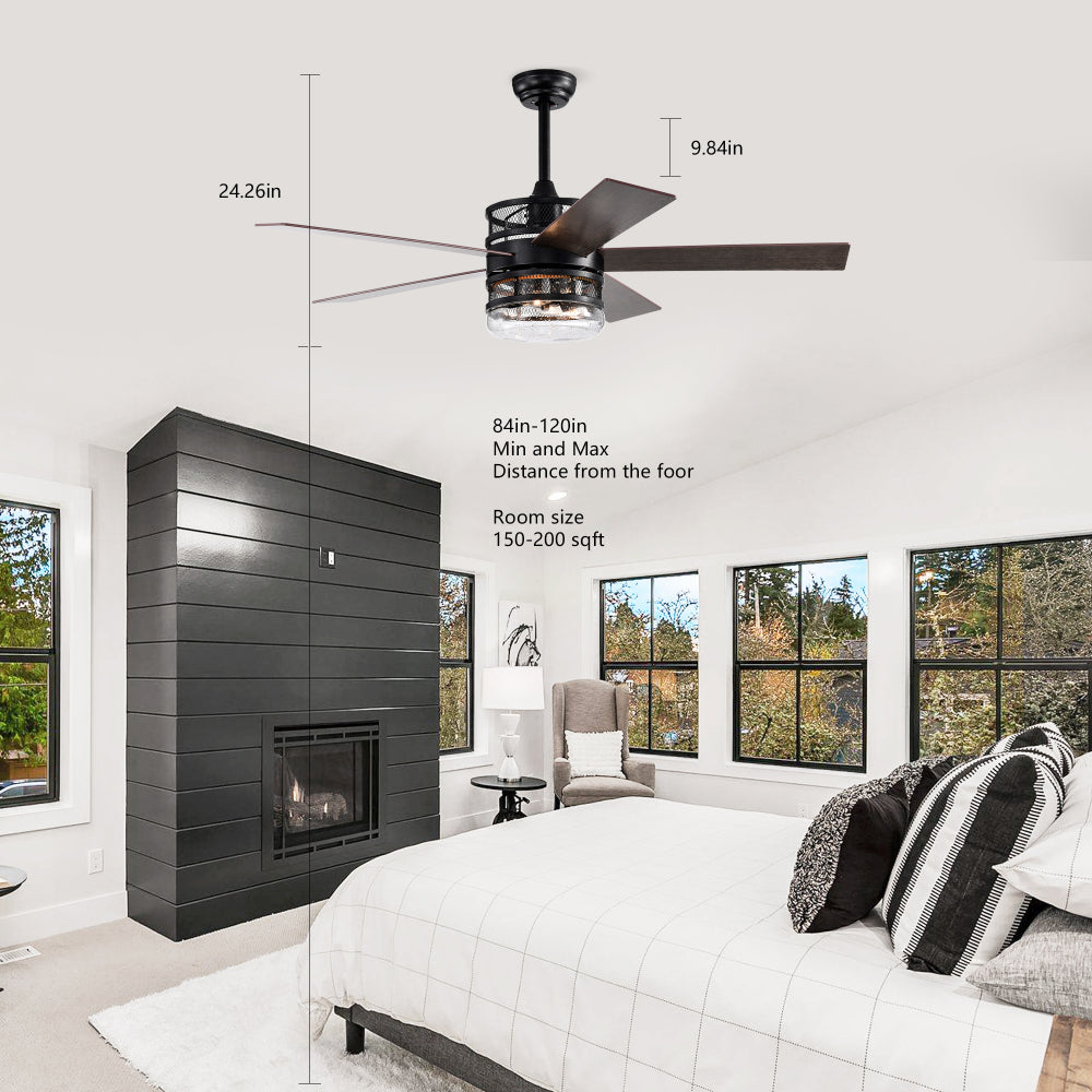 52-inch 5-blade Lighted Ceiling Fan with Remote Control , Glass Shade (Optional Remote) --Matte Black