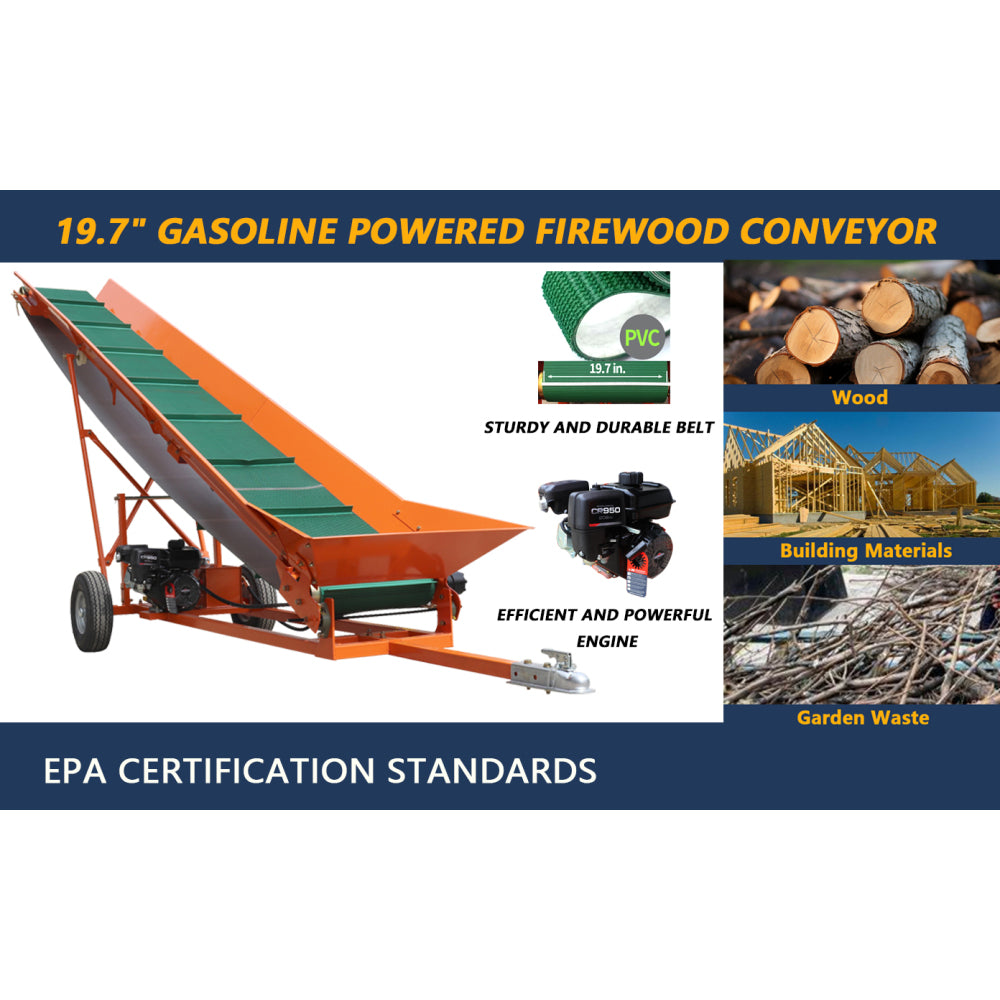 Firewood Conveyor 6.5HP 208cc Gasoline Powered 19.7" Width PVC Belt Wood Conveyor Lifter Elevator with B&S Engine