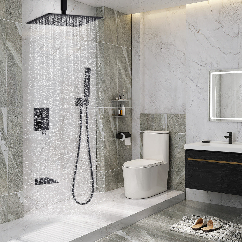 Shower Faucet Set, Shower System Bathroom High Pressure 12 Inches Rainfall Shower Head with Handheld Spray, Wall Mounted Shower Fixtures with Shower Valve and Trim Kit, Matte Black