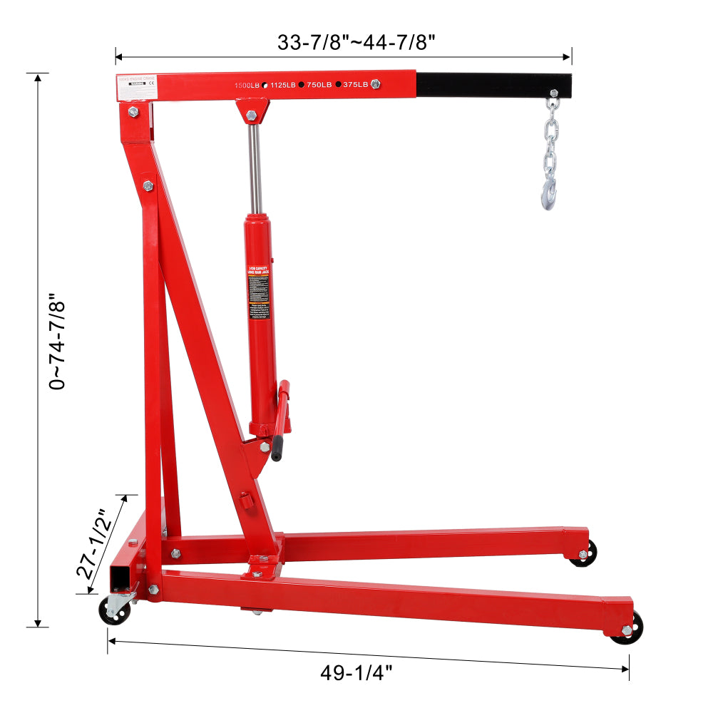 1500 LBS Folding Engine Hoist Cherry Picker Shop Crane Hoist Lift, Heavy Duty Steel with 4 Iron Caster Wheels, Red Color.
