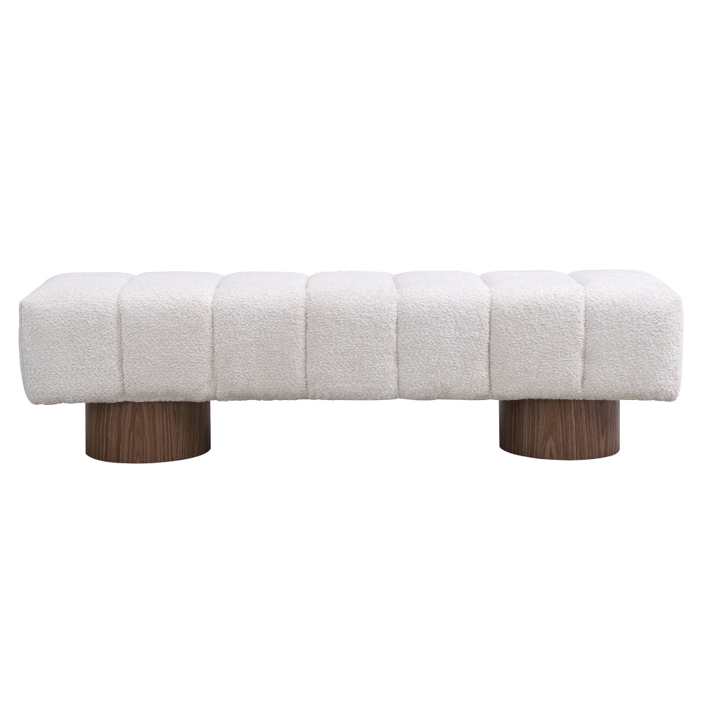Upholstered Dining Bench for Dining Room, No-Assembly End of Bed Entryway Bench Ottoman for Bedroom Living Room, Beige Faux Fur Fabric Stool Top Wood Leg 300 LBS Weight Capacity