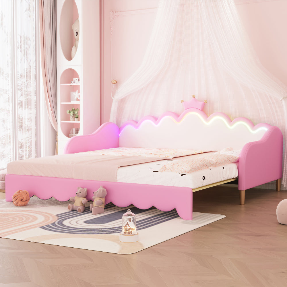 Twin Extending Daybed with LED Lights, Modern Upholstered Princess Daybed With Crown Headboard,White