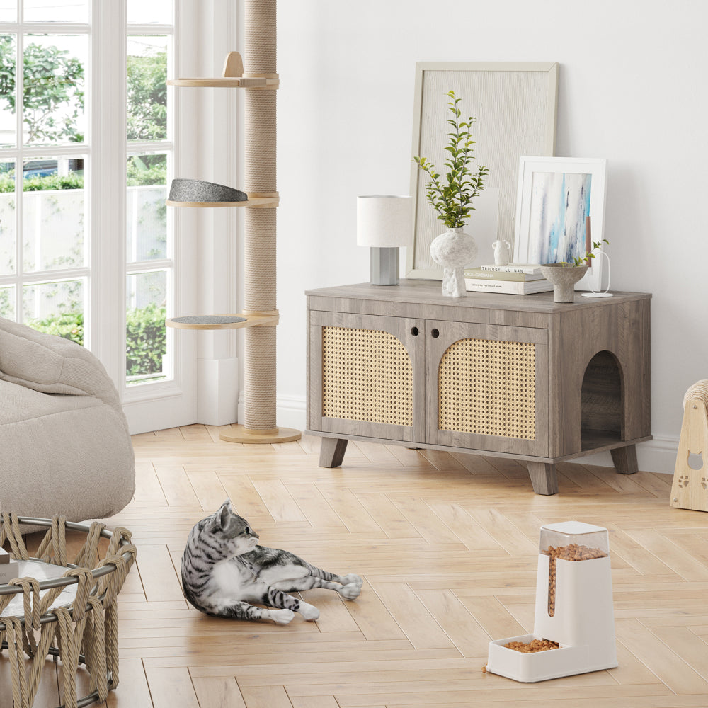 Flip Top Hidden Cat Litter Box Enclosure Furniture Cabinet with Rattan Decorated Doors for Your Home, Two Entrances