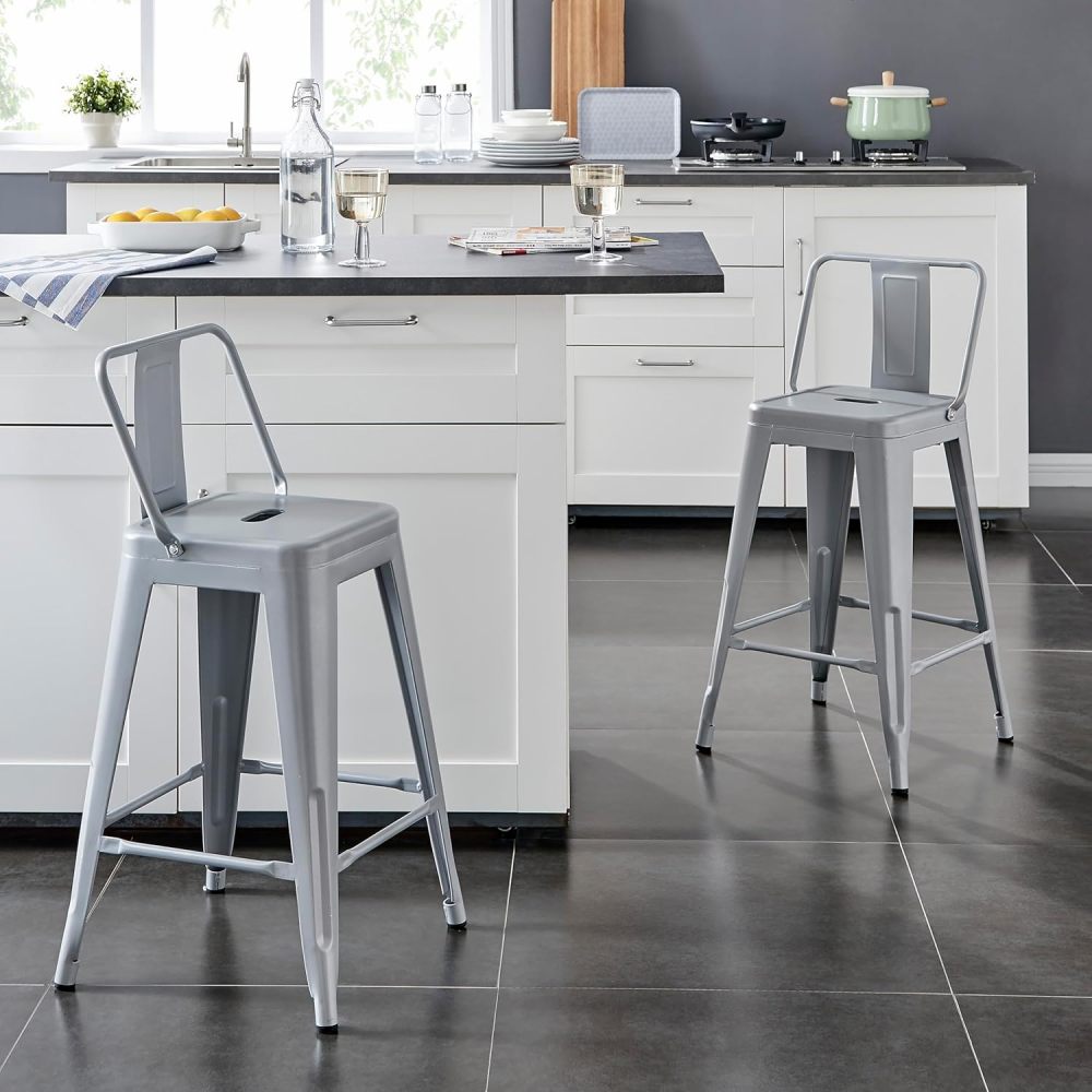 Modern Light Weight Industrial Contemporary Rustic Vintage Costal Metal Barstools with Bucket Back and 4 Leg Design, Seat Bar Stools (Set of 2) (24" Seat, Distressed White)