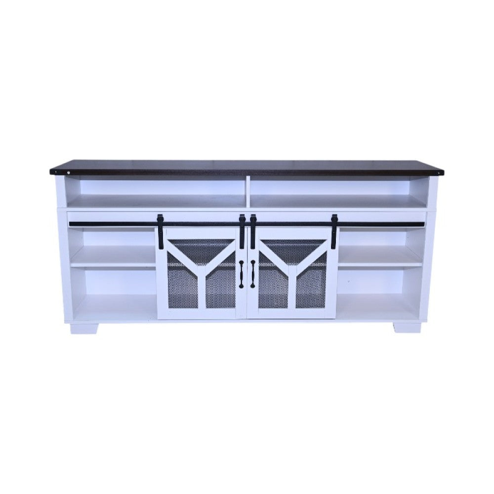 65.3" TV Stand with LED light strips and Iron mesh barn door Y decorative strip white + Black walnut color (top) farmhouse