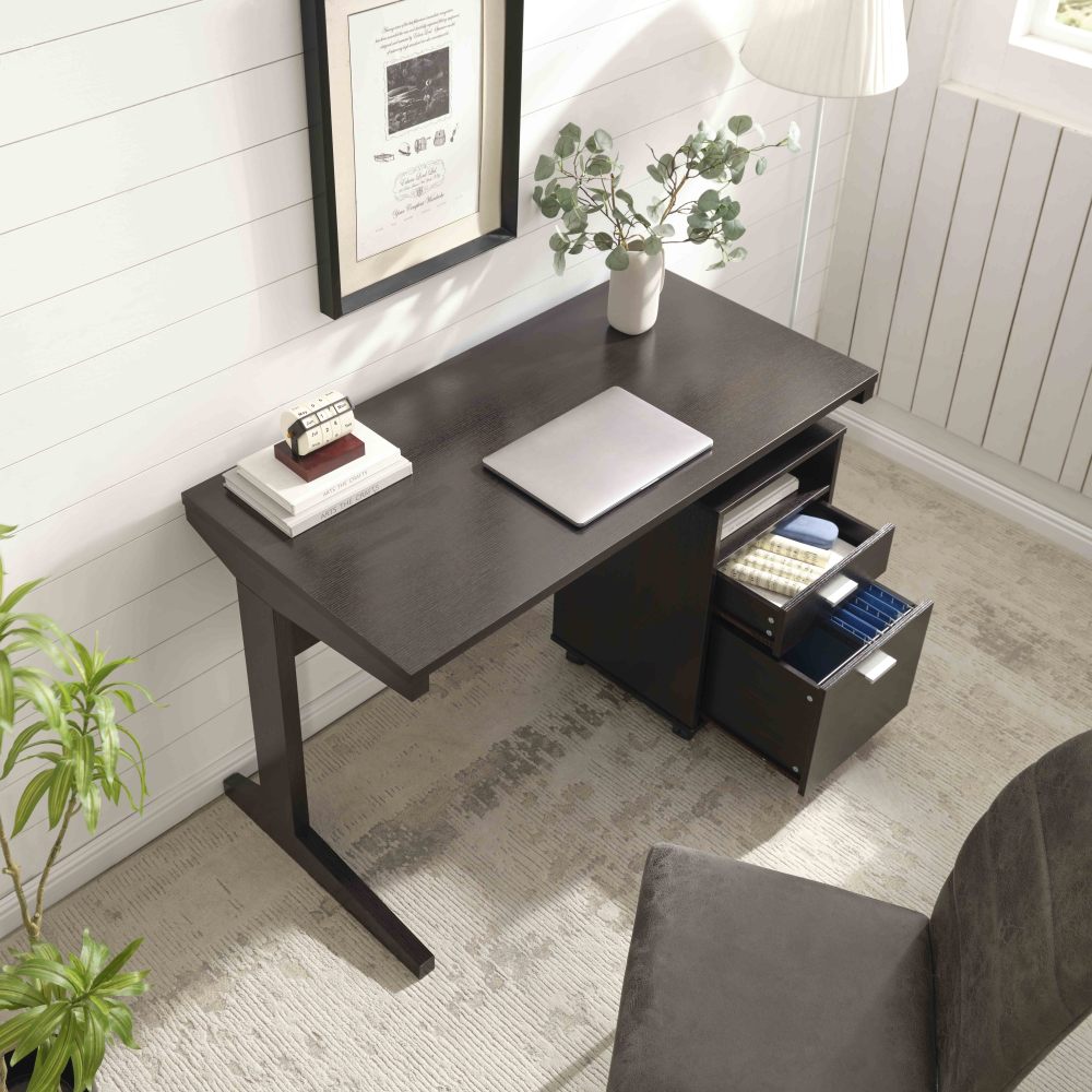Home office desk with modesty panel and detached file cabinet on locking wheels with two drawers file drawer cubby shelf metal bar handle Red Cocoa color