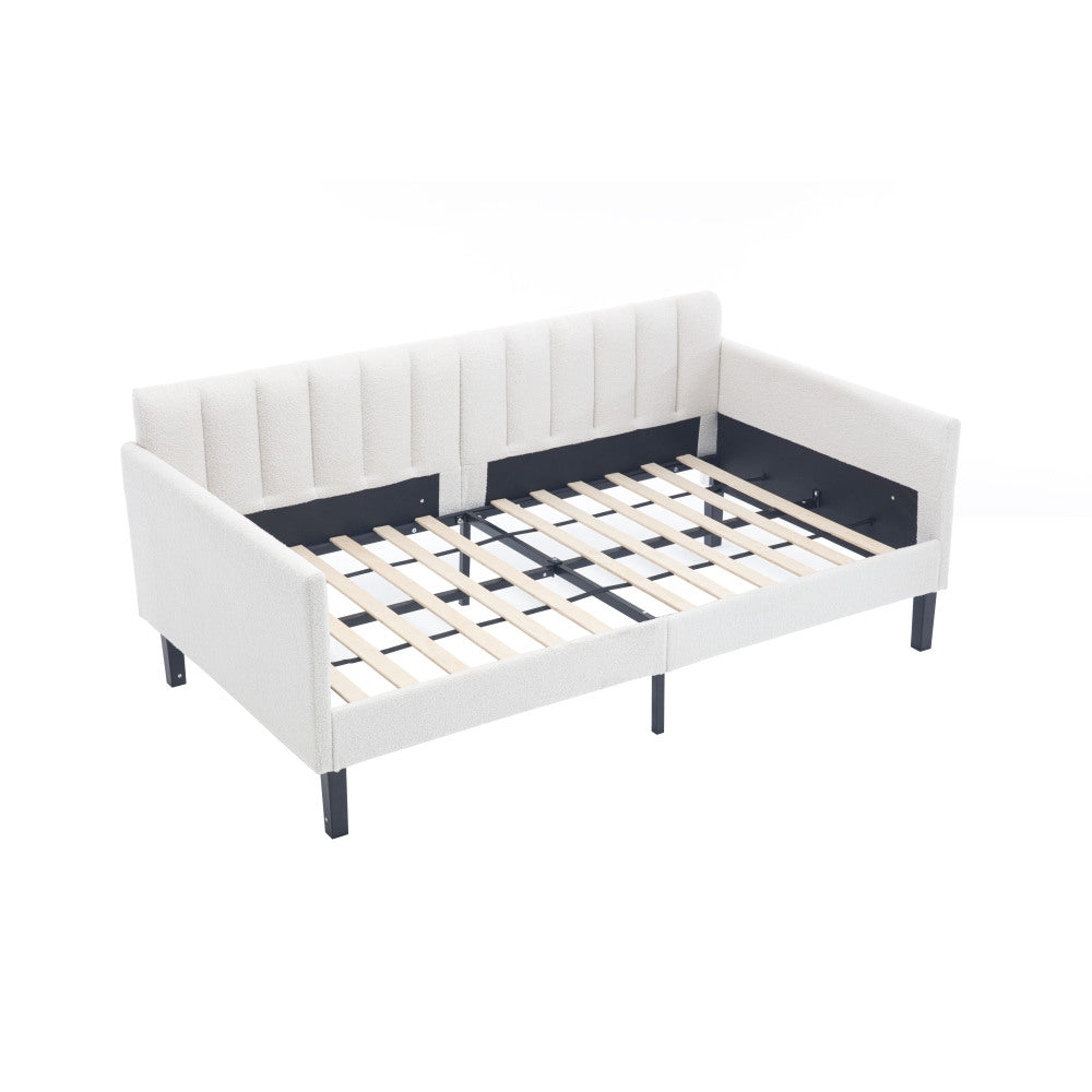 Elena Twin Size Ivory Boucle Upholstered Daybed, Ribbed Tufted Backrest, Daybed in Lavish Modern Design, Richly Hued Foam Comfort