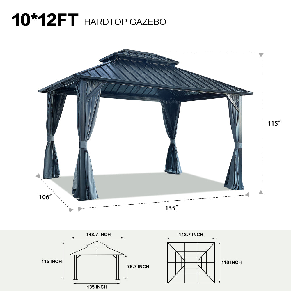 10' X 12' Hardtop Gazebo with Galvanized Steel Double Roof, Sturdy Aluminum Frame, Curtains, and Netting for Patio, Lawn, and Garden