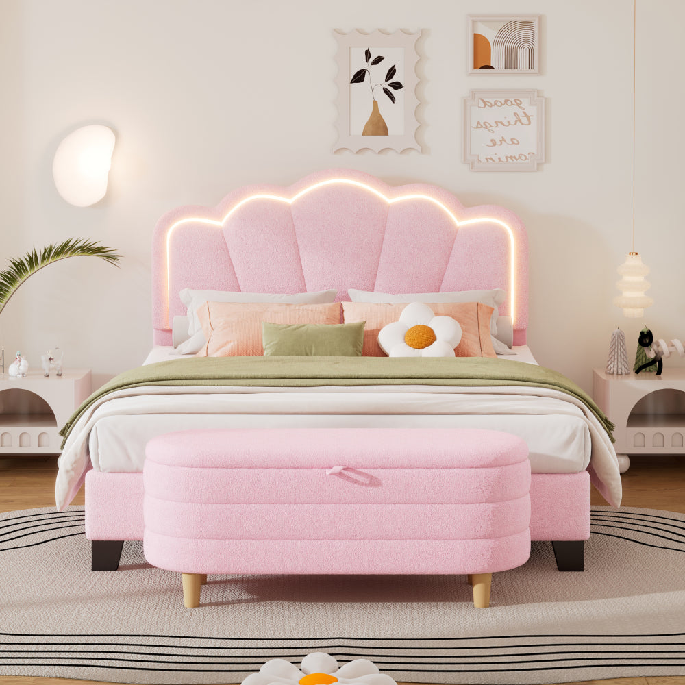2-Pieces Bedroom Sets Twin Size Flower-Shaped Upholstered LED Platform Bed with Storage Ottoman-Sherpa Fabric, White