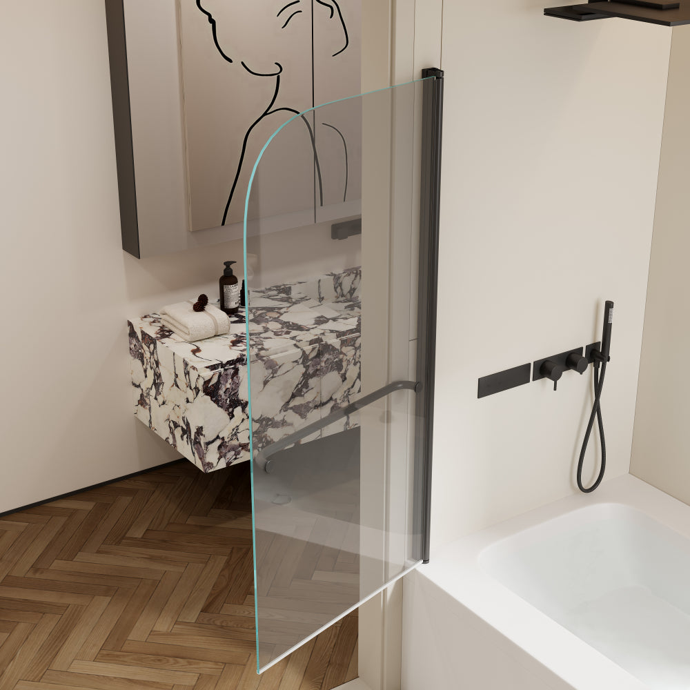 30 in. W * 58 in. H Rise and down rotation shaft door Shower Doors for Bathtub, 1/4" (6mm) Thick SGCC Tempered Glass Door, Bathroom Tub Glass single Door, Aluminium Alloy Matte Black Finish