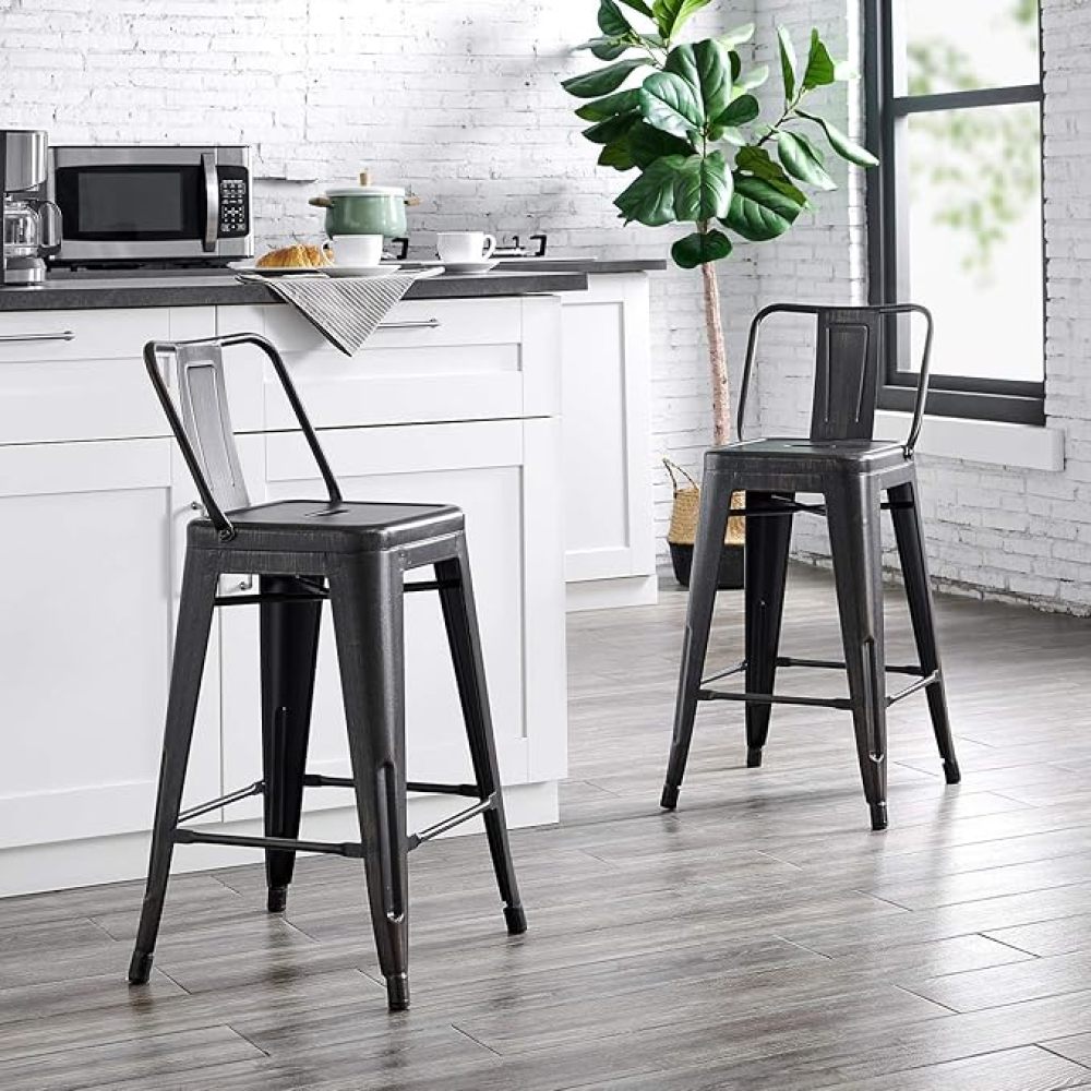 Modern Light Weight Industrial Contemporary Rustic Vintage Costal Metal Barstools with Bucket Back and 4 Leg Design, (Set of 2) (24" Seat, Distressed Black)